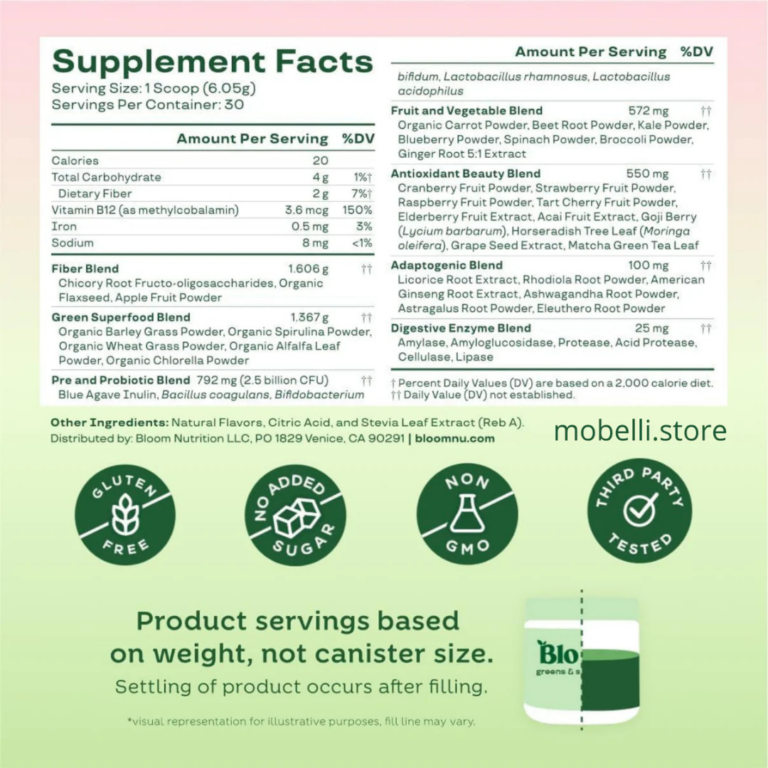 Bloom - Suplemento Completo (espirulina orgánica, clorela, hierba de trigo) - 25 Porciones