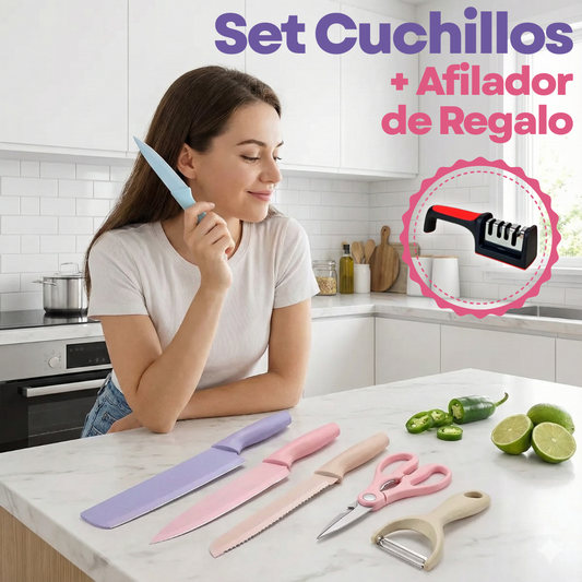 Set De Cuchillos Colores Pastel + Afilador de Cuchillos (GRATIS)