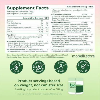 Bloom - Suplemento Completo (espirulina orgánica, clorela, hierba de trigo) - 25 Porciones